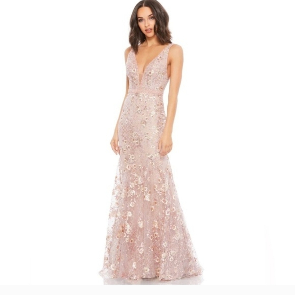 Mac Duggal 67481 Pink Floral Embellished Sleeveless Plunge Neck Gown NWT Size 4 - Picture 3 of 15